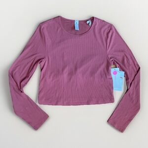 NWT Yogalicious Womens Large Pink Heavenly Rib Crop Long Sleeve Top Shelf Bra